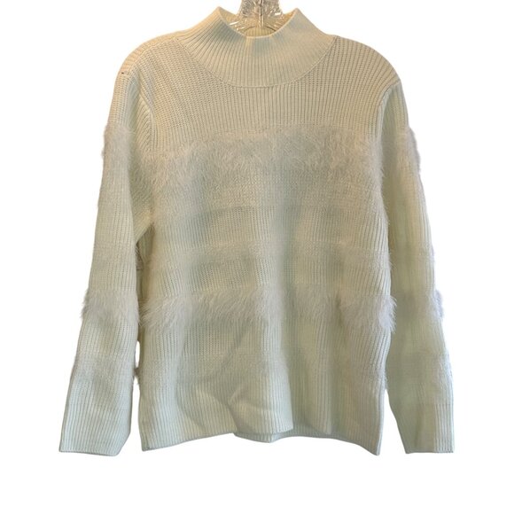 Calvin Klein Large Mock Neck Fuzzy Stripes Sweater Ribbed Knit Winter White - Picture 2 of 10